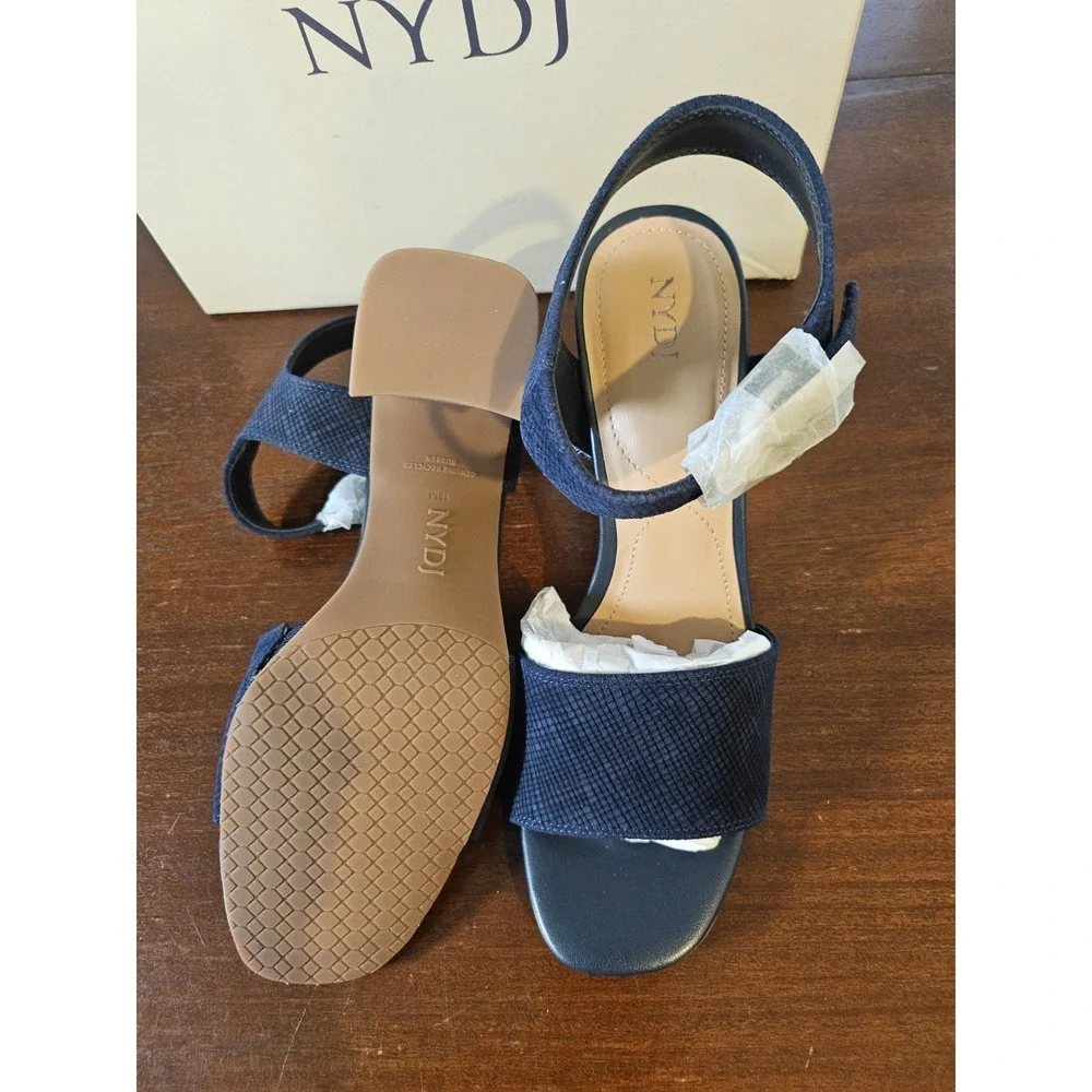 NYDJ Liz Suede Navy Blue Canvas Block Heel Ankle Strap Sandals Size 10 M New